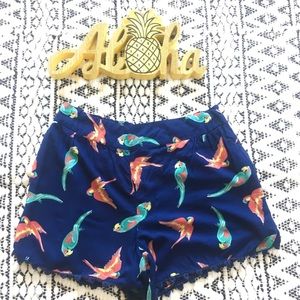 Tropical Shorts with Parrot Pattern and Lace Edge